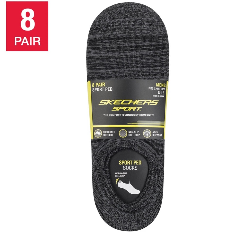 Skechers No-Show sport ped Socks black/Gray - 8 pairs w/non-slip grip(men 8-12)